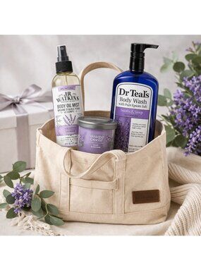 Luxury Lavender Spa Gift Set: Yankee Candle, Dr Teal’s, JR Watkins & Canvas Tote